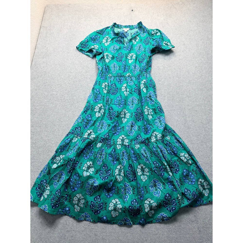 J.Crew Green Floral Block Print Tiered Cotton Midi Dress Size 4 Short Sleeve